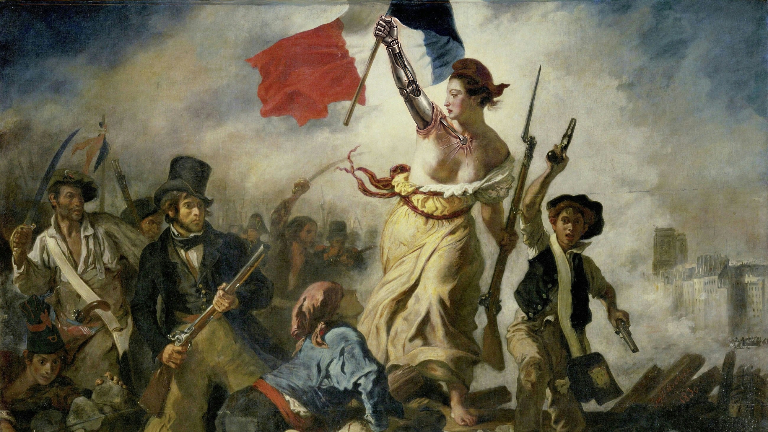 Liberty Leading the People — Eugène Delacroix, 1830, her flag-bearing arm rebuilt as a machine limb